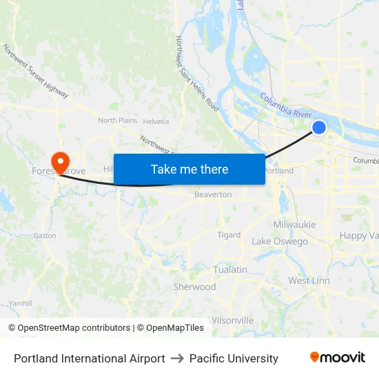 Portland International Airport to Pacific University map