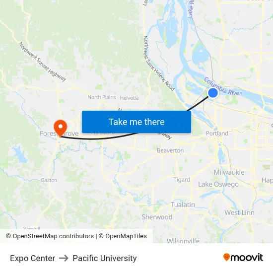 Expo Center to Pacific University map