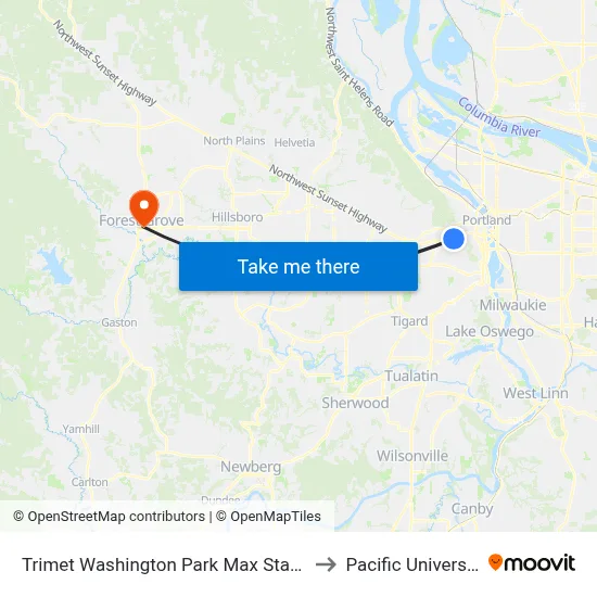 Trimet Washington Park Max Station to Pacific University map