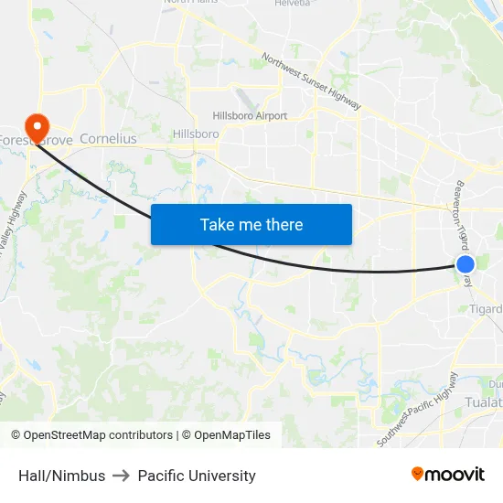 Hall/Nimbus to Pacific University map