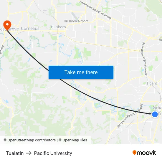 Tualatin to Pacific University map