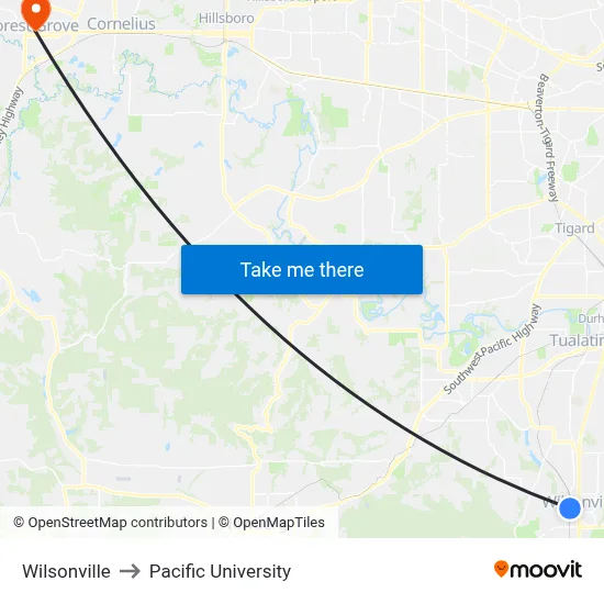 Wilsonville to Pacific University map