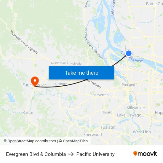 Evergreen Blvd & Columbia to Pacific University map