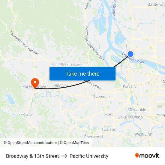 Broadway & 13th Street to Pacific University map