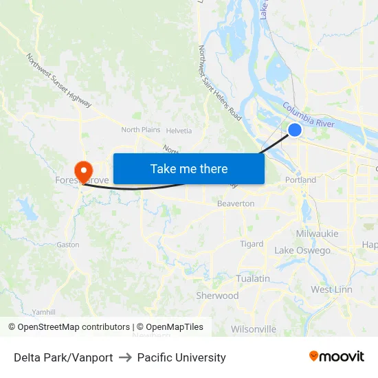 Delta Park/Vanport to Pacific University map