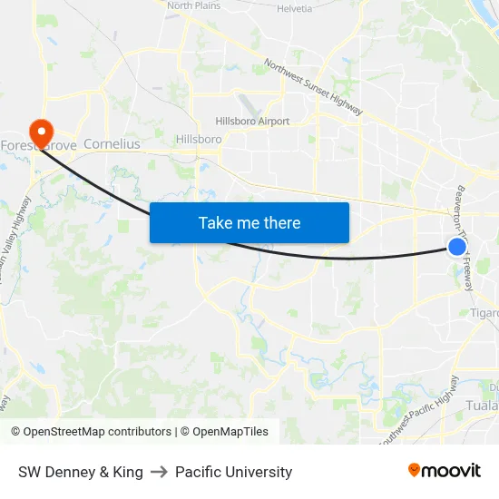 SW Denney & King to Pacific University map