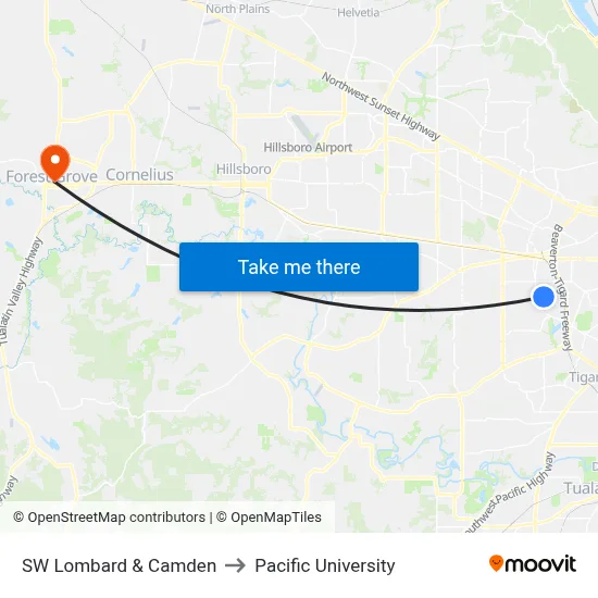 SW Lombard & Camden to Pacific University map