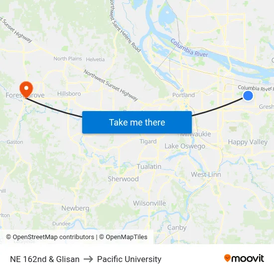 NE 162nd & Glisan to Pacific University map