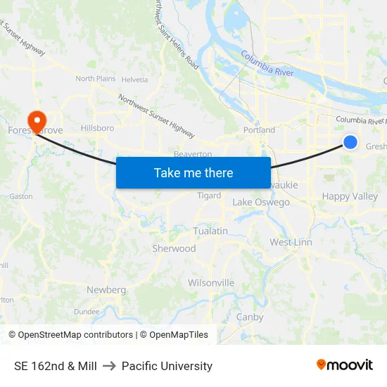 SE 162nd & Mill to Pacific University map