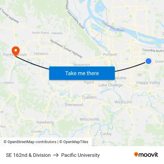 SE 162nd & Division to Pacific University map