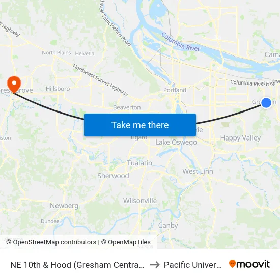 NE 10th & Hood (Gresham Central TC) to Pacific University map