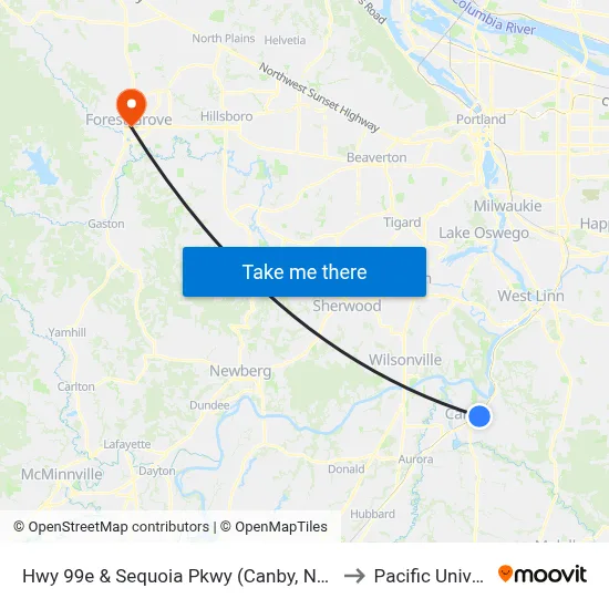 Hwy 99e & Sequoia Pkwy (Canby, Northbound) to Pacific University map