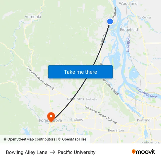 Bowling Alley Lane to Pacific University map