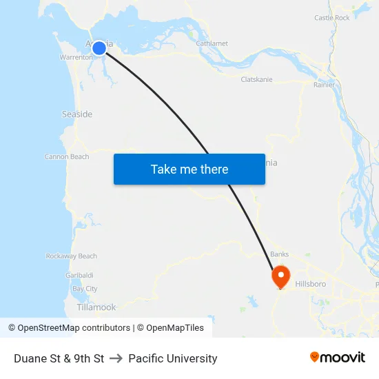 Duane St & 9th St to Pacific University map
