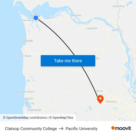 Clatsop Community College to Pacific University map