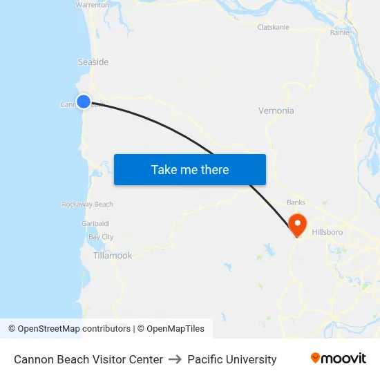 Cannon Beach Visitor Center to Pacific University map