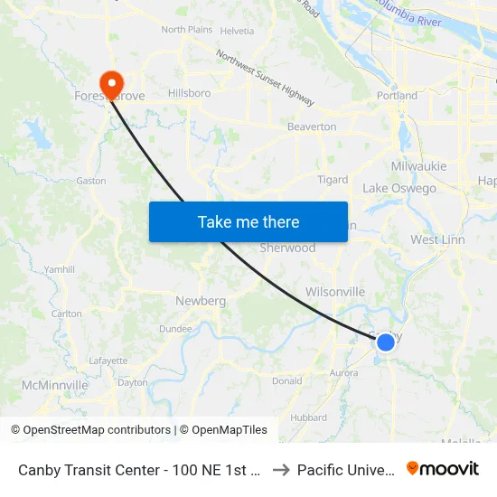 Canby Transit Center - 100 NE 1st Avenue to Pacific University map