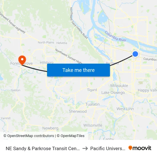 NE Sandy & Parkrose Transit Center to Pacific University map