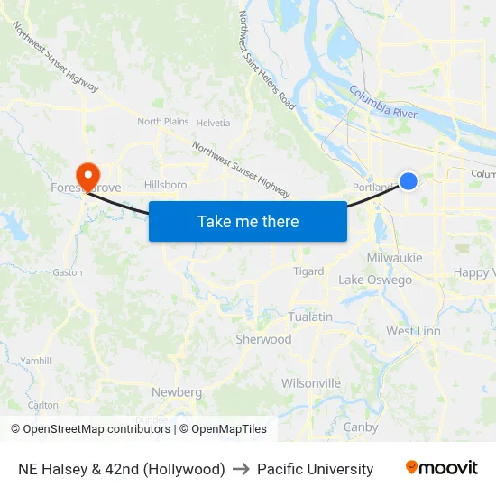 NE Halsey & 42nd (Hollywood) to Pacific University map