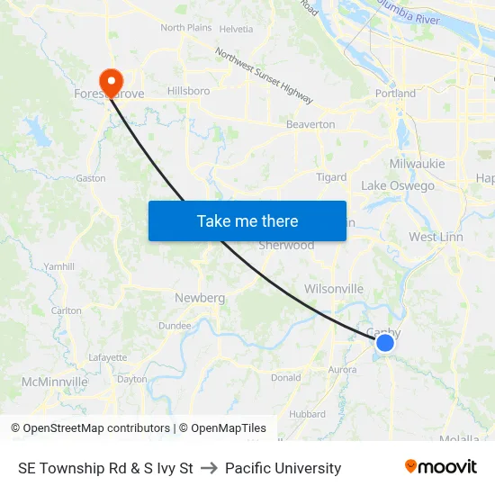 SE Township Rd & S Ivy St to Pacific University map