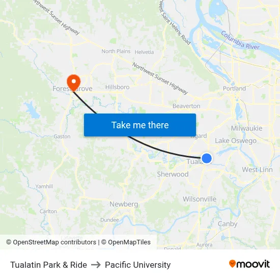 Tualatin Park & Ride to Pacific University map
