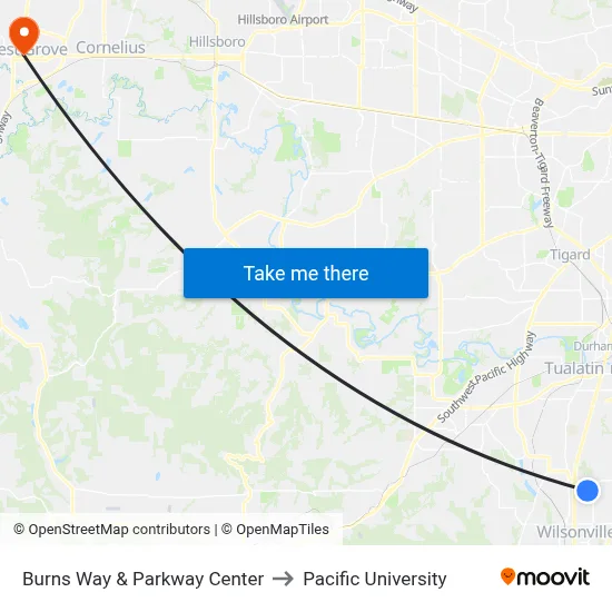 Burns Way & Parkway Center to Pacific University map