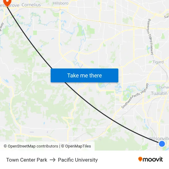 Town Center Park to Pacific University map
