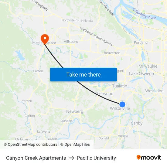 Canyon Creek Apartments to Pacific University map