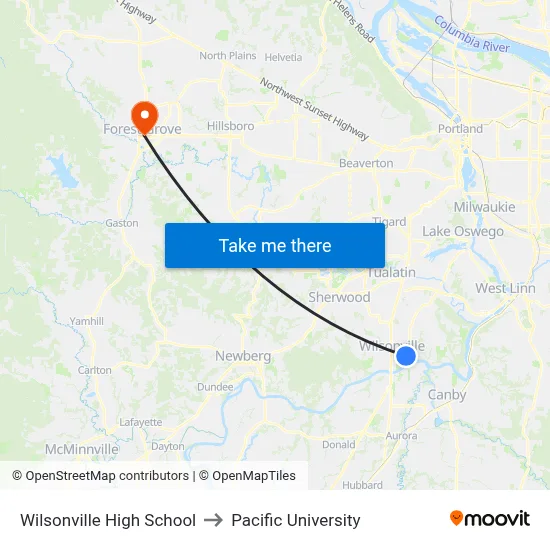 Wilsonville High School to Pacific University map