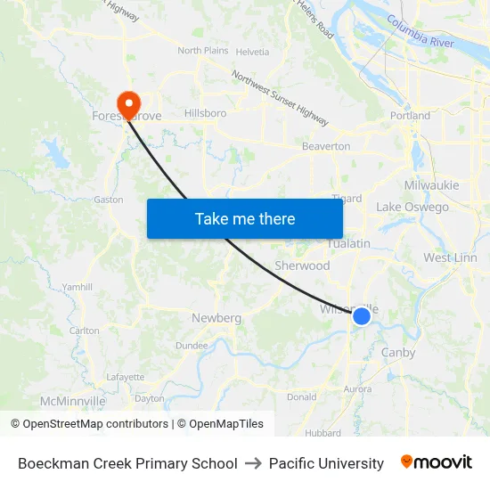 Boeckman Creek Primary School to Pacific University map
