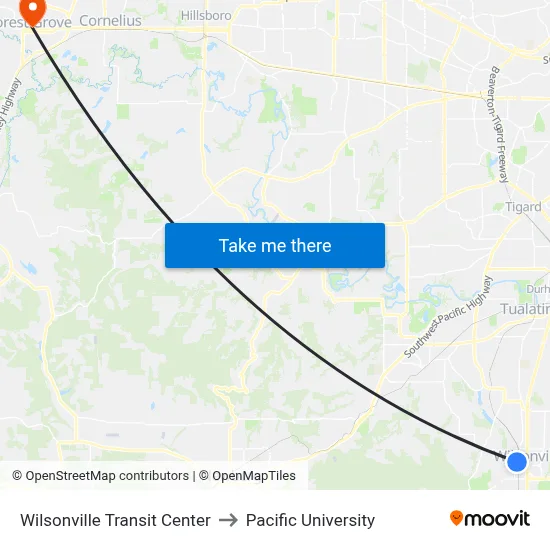 Wilsonville Transit Center to Pacific University map