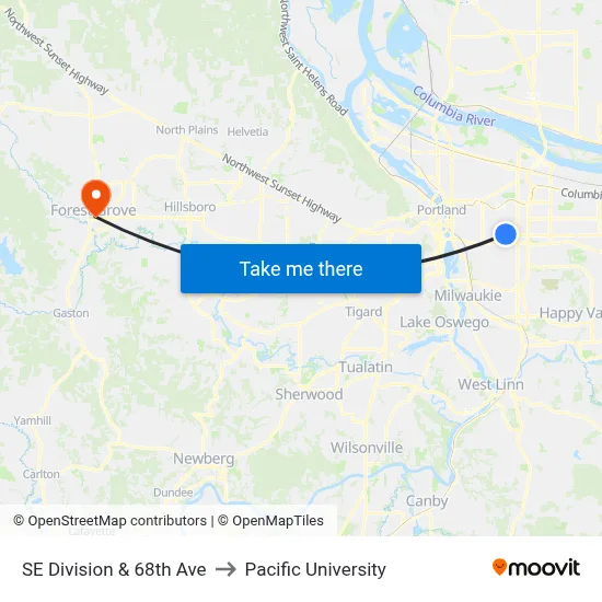 SE Division & 68th Ave to Pacific University map