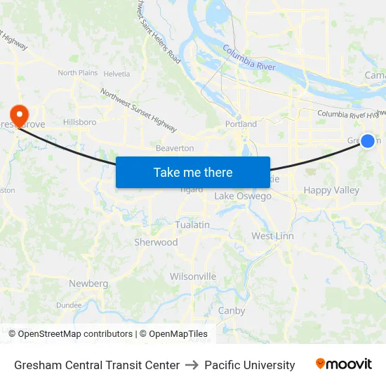 Gresham Central Transit Center to Pacific University map