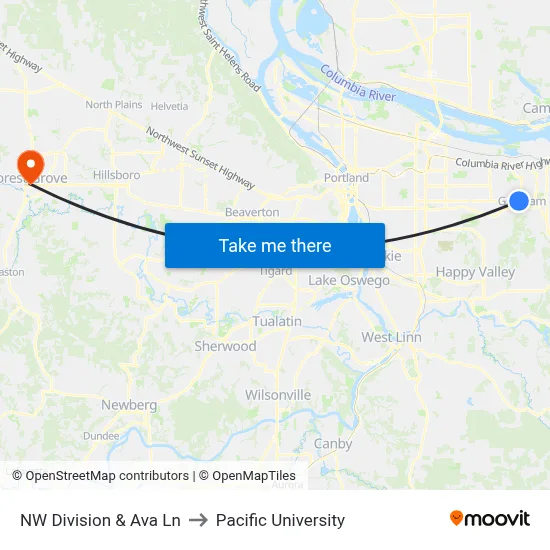 NW Division & Ava Ln to Pacific University map