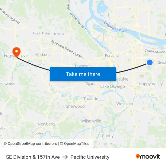 SE Division & 157th Ave to Pacific University map