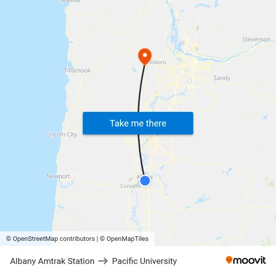 Albany Amtrak Station to Pacific University map