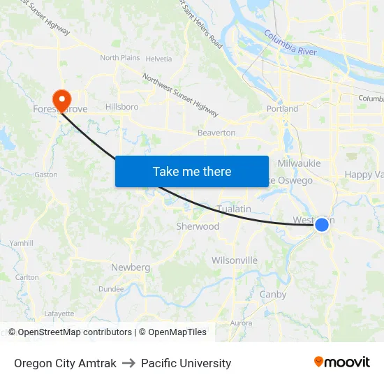 Oregon City Amtrak to Pacific University map