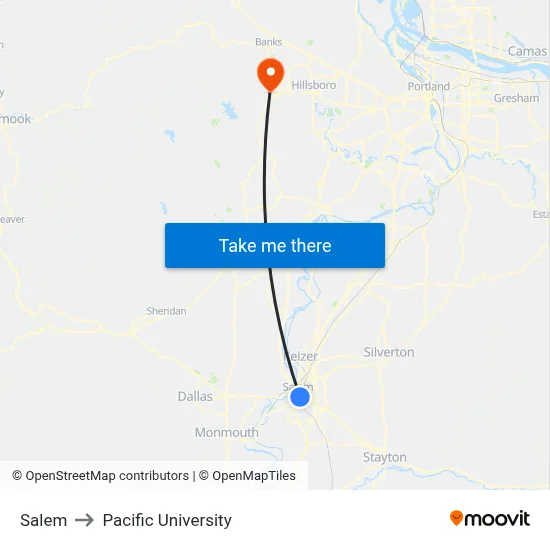 Salem to Pacific University map