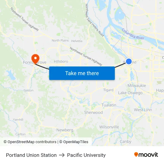 Portland Union Station to Pacific University map