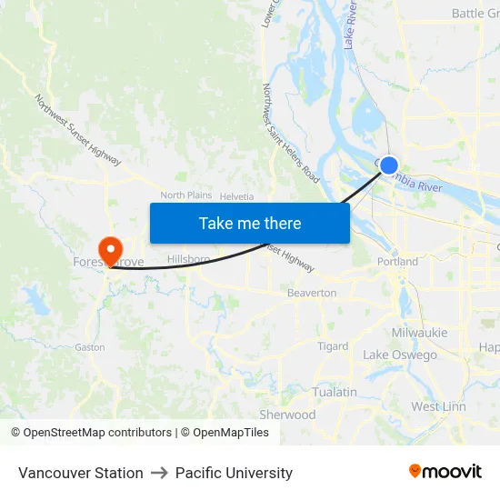 Vancouver Station to Pacific University map