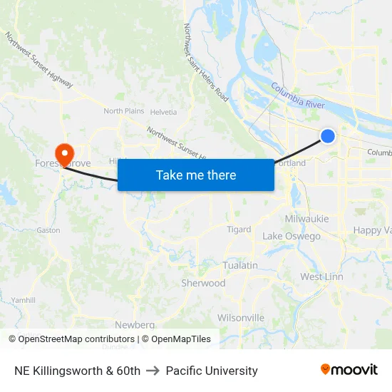 NE Killingsworth & 60th to Pacific University map