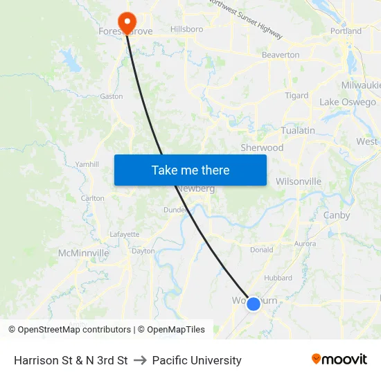 Harrison St & N 3rd St to Pacific University map