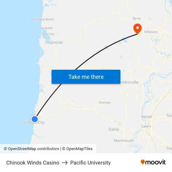 Chinook Winds Casino to Pacific University map