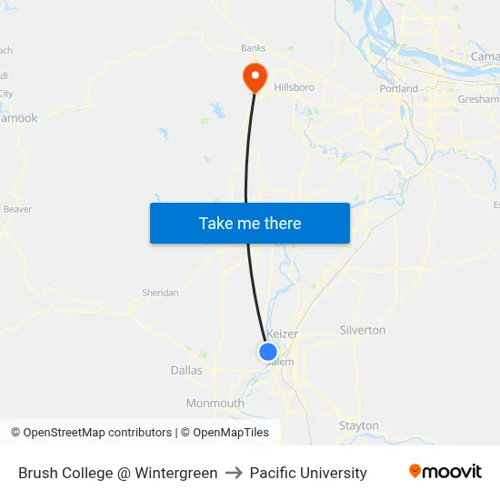 Brush College @ Wintergreen to Pacific University map