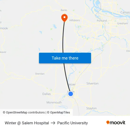Winter @ Salem Hospital to Pacific University map