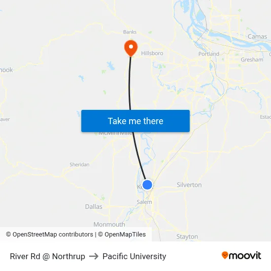 River Rd @ Northrup to Pacific University map