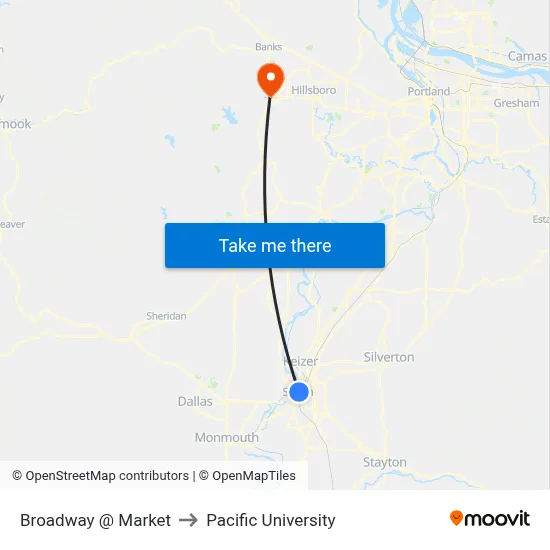Broadway @ Market to Pacific University map