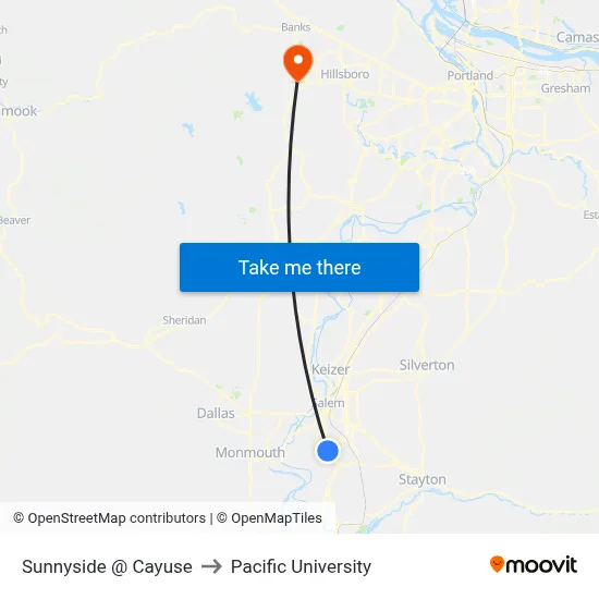 Sunnyside @ Cayuse to Pacific University map