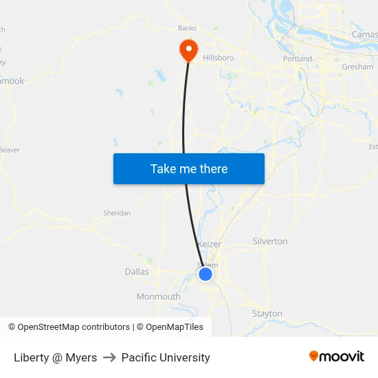 Liberty @ Myers to Pacific University map