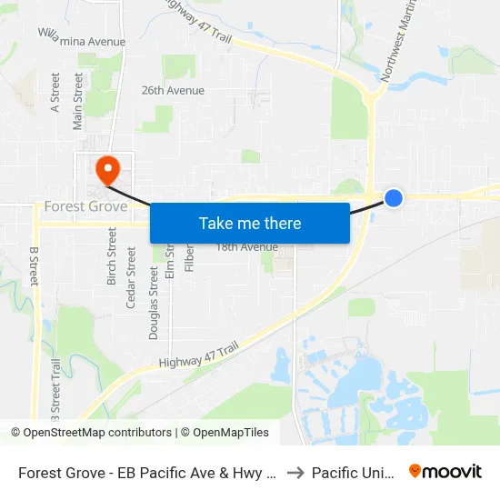 Forest Grove - EB Pacific Ave & Hwy 47 (Tm 4306) to Pacific University map